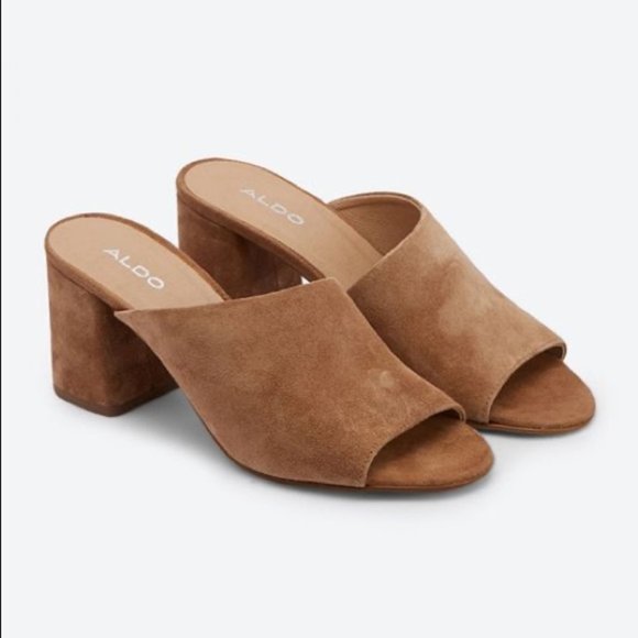 Aldo Shoes - Aldo Suede Aldosina Block Heel Open Toe Mules Tan Size 7.5